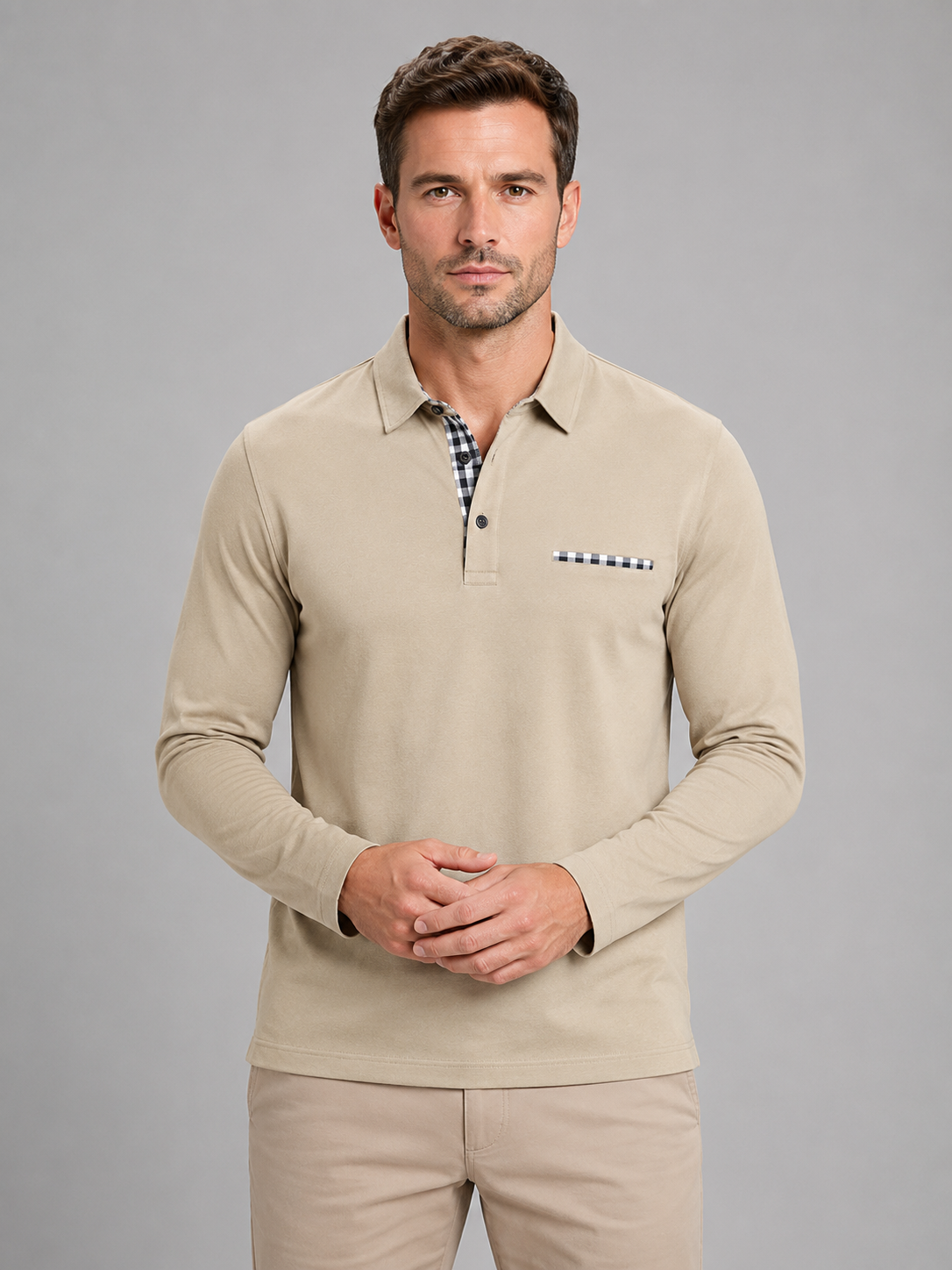 Men's Casual Cotton Long Sleeve Polo Shirt with Gingham Trim
