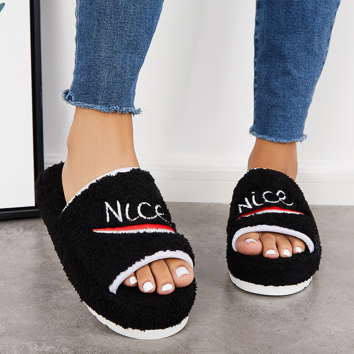 Warm Open Toe Flat Furry Slippers Cozy Slide Shoes
