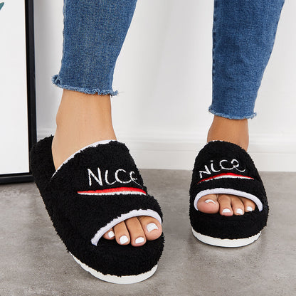 Warm Open Toe Flat Furry Slippers Cozy Slide Shoes