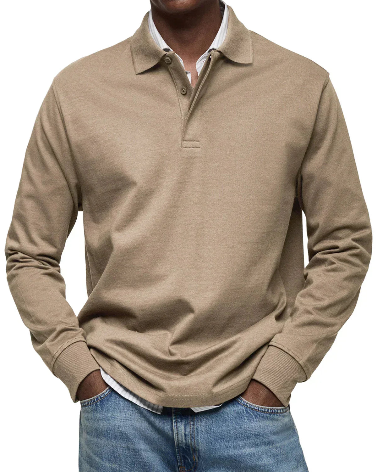 Men's Simple Long Sleeve Polo Top - Everyday Basic Tee