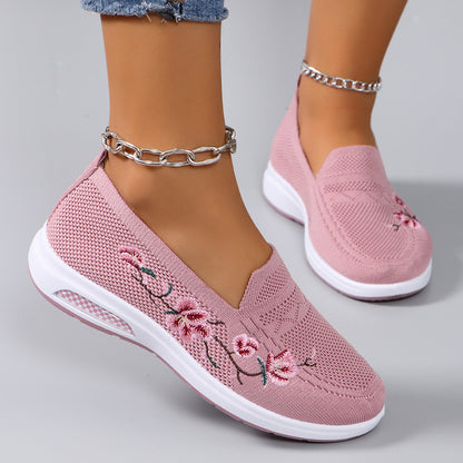 Sporty Sneakers For Women, Floral Embroidered Slip On Rocking Shoes