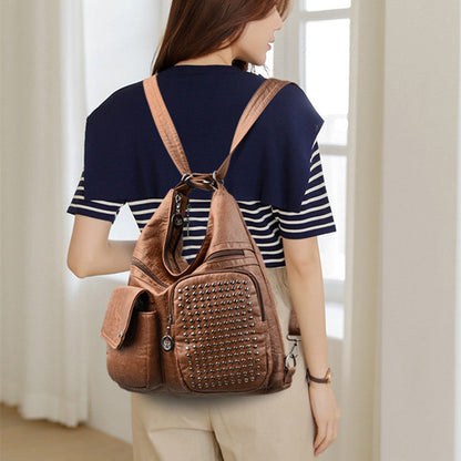 Durable Studded Leather School Backpack - OutfitLondon