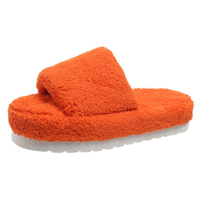 Open Toe Faux Fur Flat Slippers Soft Warm Slip on Furry Slippers