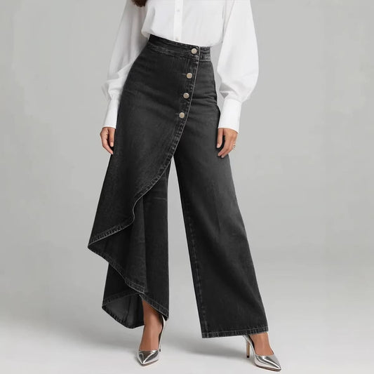 Women's Casual Button-Front Wide Leg Cotton Trousers