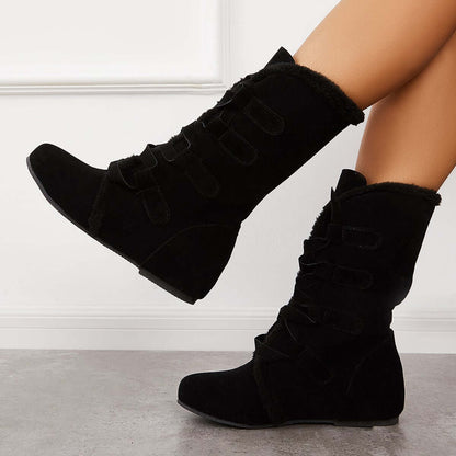 Warm Fur Mid Calf Snow Boots Wide Calf Hidden Wedge Boots