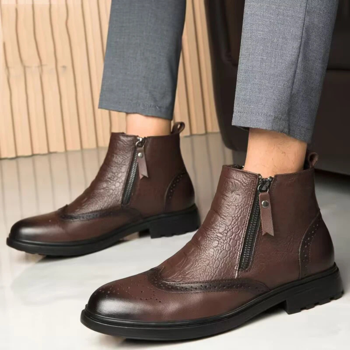 Warm Insulated Leather Zip Boots for Men