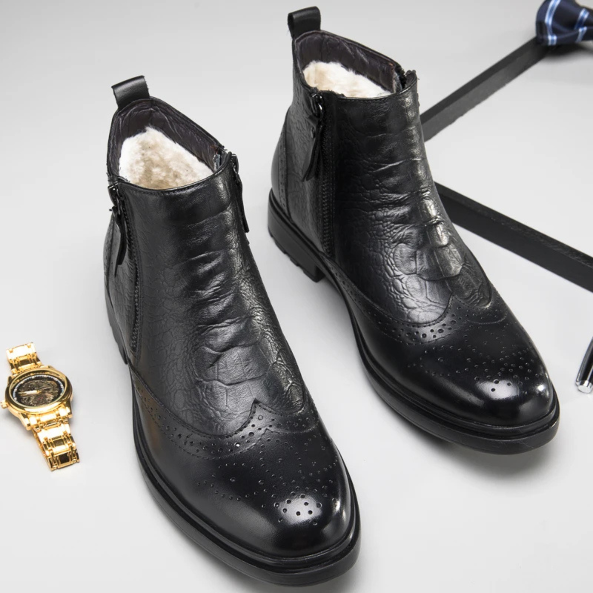 Warm Insulated Leather Zip Boots for Men