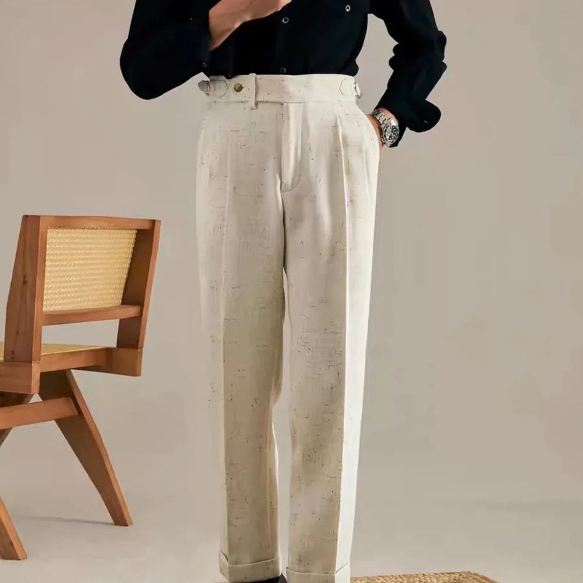 Relaxed Fit Beige Mens Smart Casual Trousers