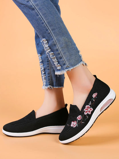 Sporty Sneakers For Women, Floral Embroidered Slip On Rocking Shoes