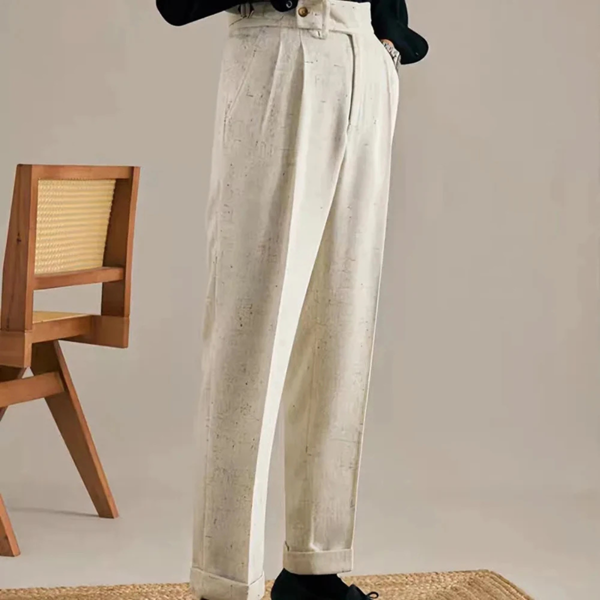 Relaxed Fit Beige Mens Smart Casual Trousers