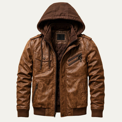 Premium Leather Men's Hooded Bomber Jacket