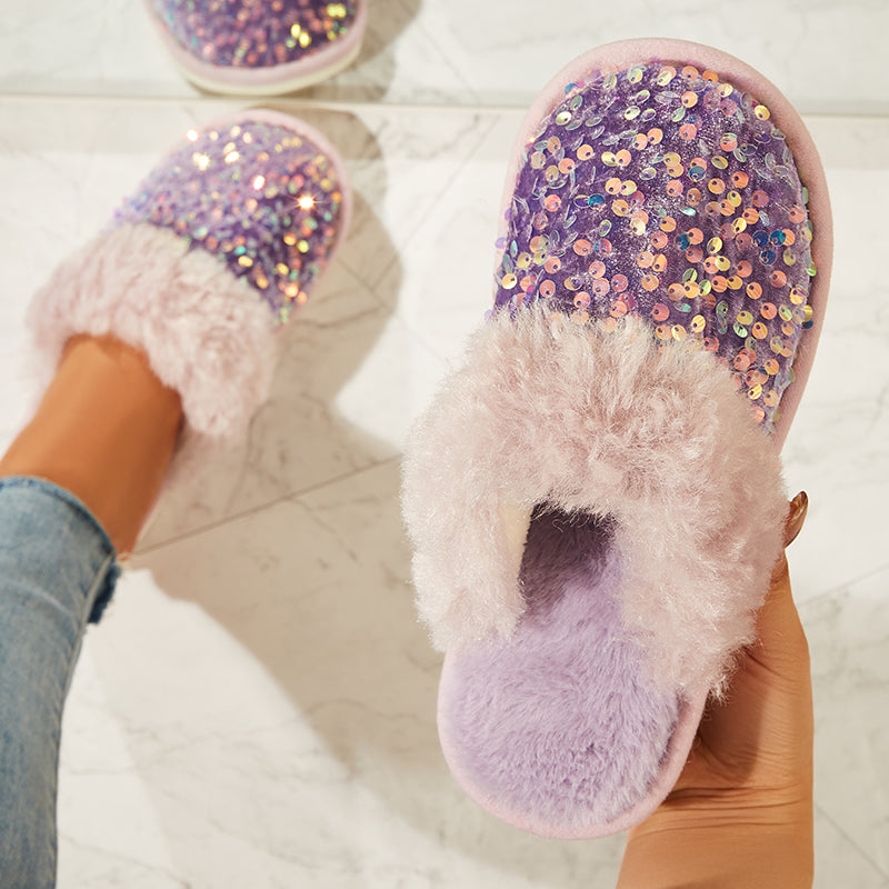 Shiny Warm Faux Fur Mule Slipper Furry Soft Slip on Shoes