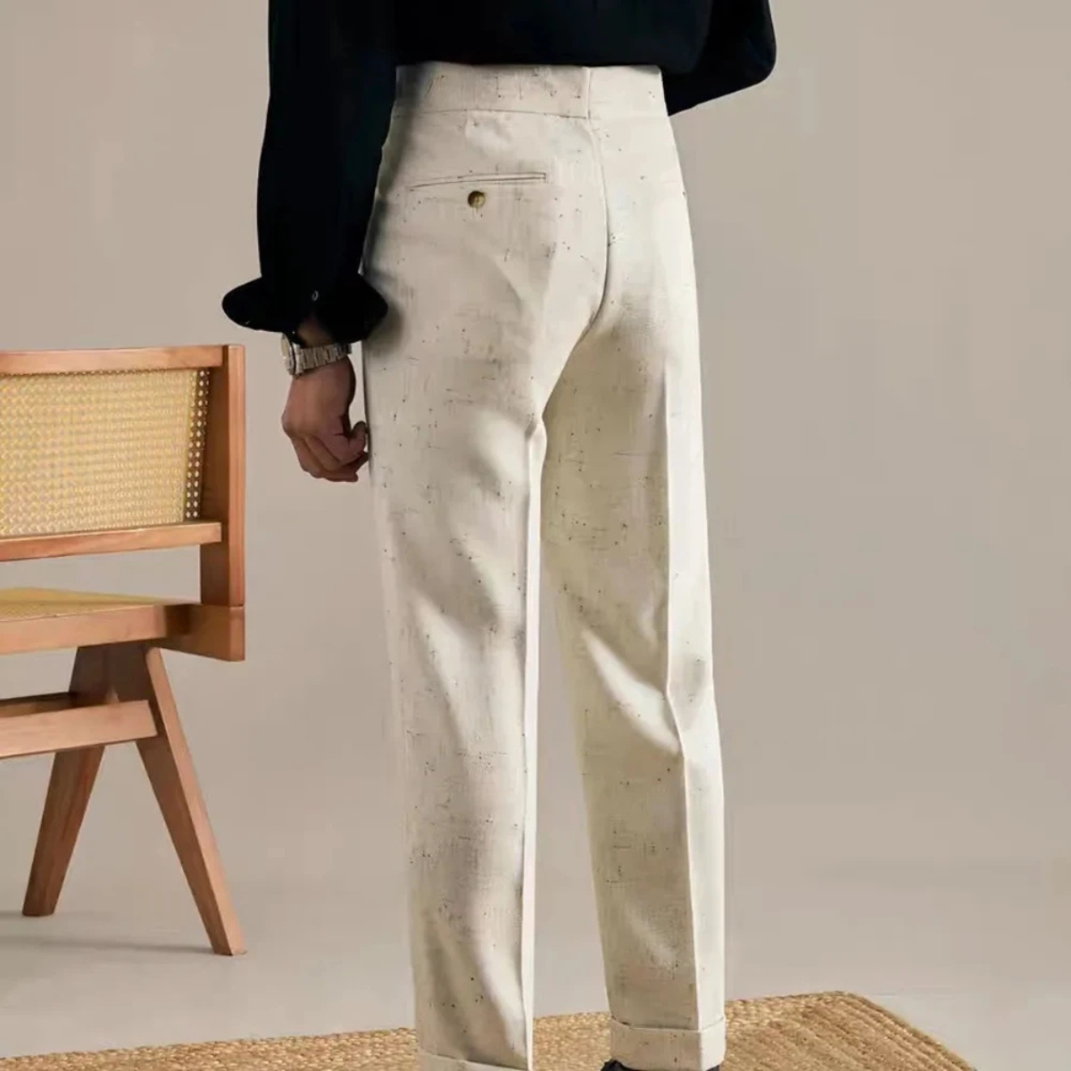 Relaxed Fit Beige Mens Smart Casual Trousers