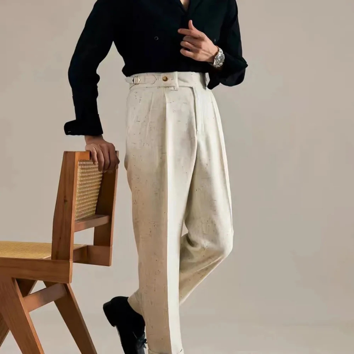 Relaxed Fit Beige Mens Smart Casual Trousers