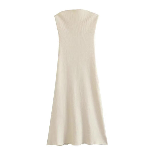 Women's Comfortable Strapless Fitted Tea Dress Beige - OutfitLondon
