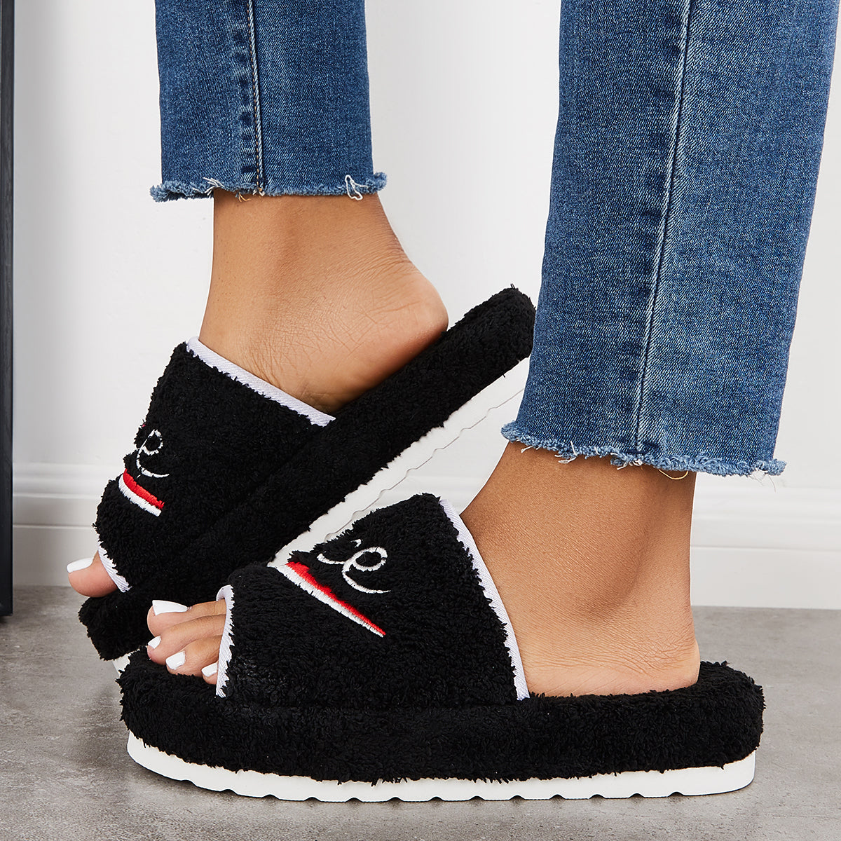 Warm Open Toe Flat Furry Slippers Cozy Slide Shoes