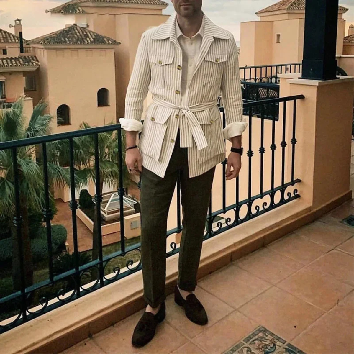 Slim Fit Men's Breathable Striped Linen Shirt with Belt