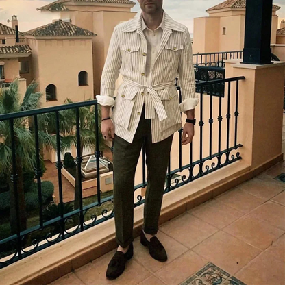 Slim Fit Men's Breathable Striped Linen Shirt with Belt