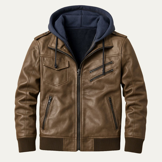 Premium Leather Men's Hooded Bomber Jacket - OutfitLondon