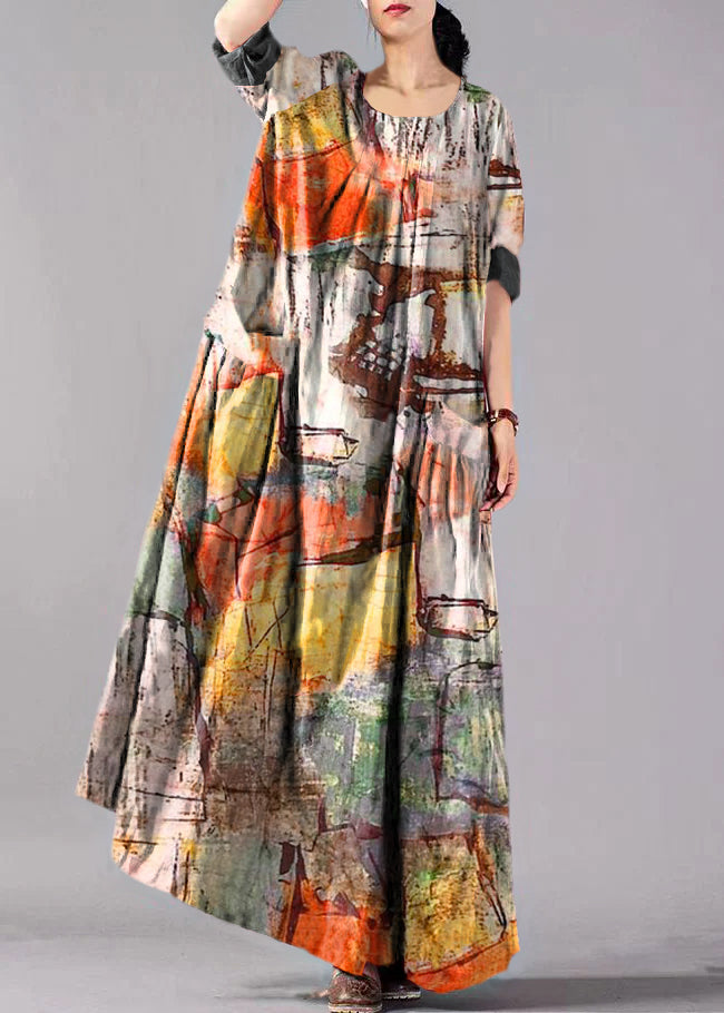 Women's Linen Vacation Dress Geometric Khaki Print - OutfitLondon