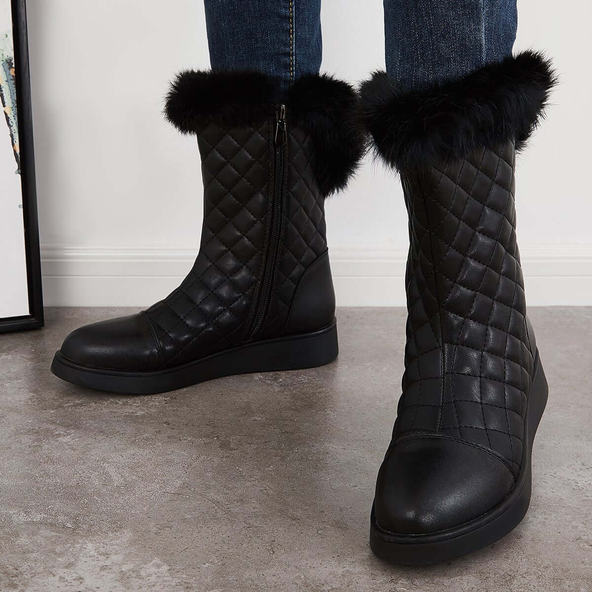 Warm Faux Fur Mid Calf Snow Boots Side Zipper Winer Boots