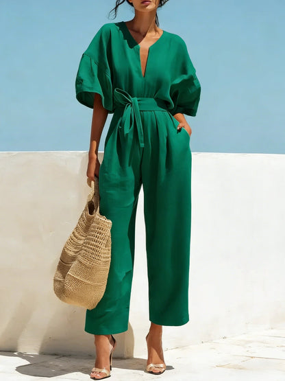 Women's Classic V-Neck Solid Color Jumpsuit