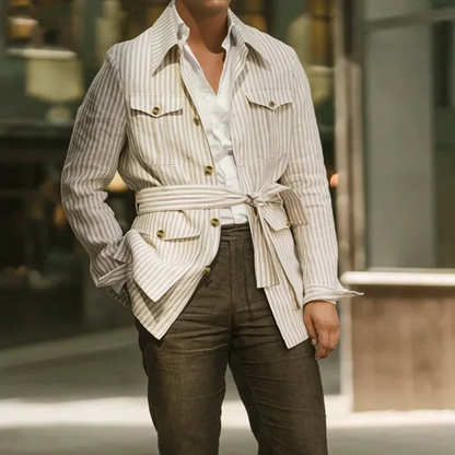 Slim Fit Men's Breathable Striped Linen Shirt with Belt