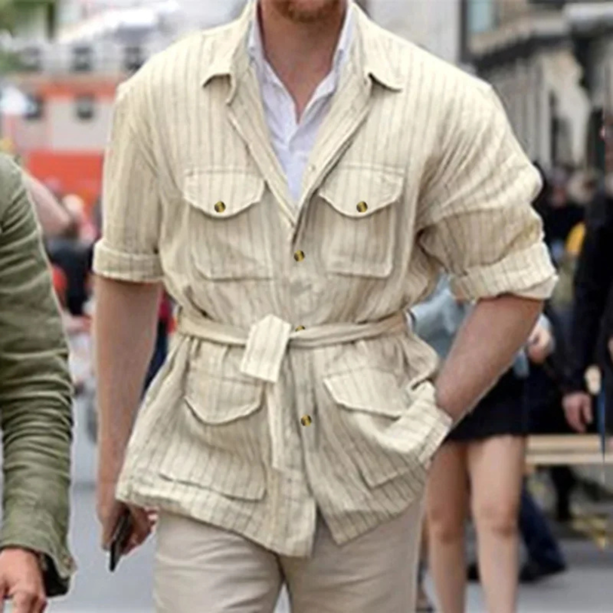 Slim Fit Men's Breathable Striped Linen Shirt with Belt