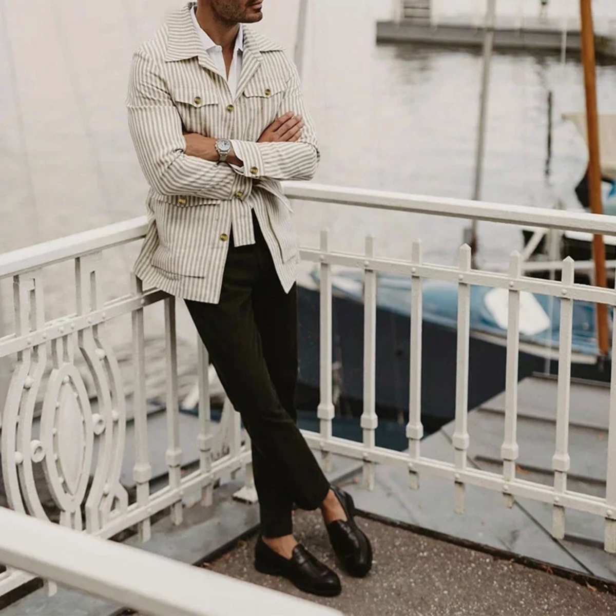Slim Fit Men's Breathable Striped Linen Shirt with Belt