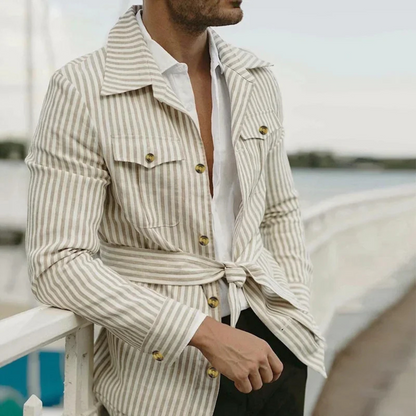 Slim Fit Men's Breathable Striped Linen Shirt with Belt