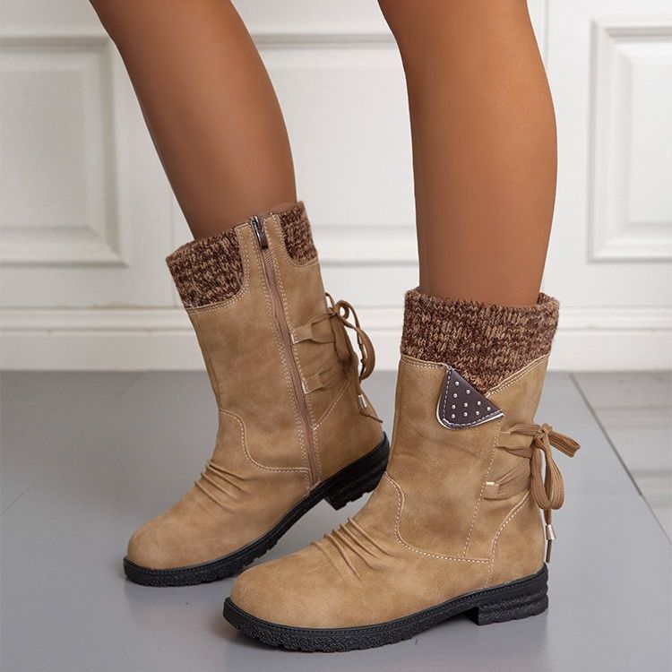 Waterproof Suede Block Heel Ankle Boots Side Zipper Booties