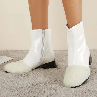 Winter Leather Waterproof Ankle Boots Block Heel Warm Snow Booties