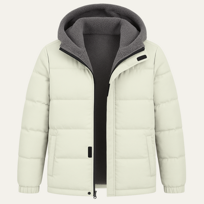 Warm Men's White Puffer Hoodie Jacket with Fleece Inside - OutfitLondon