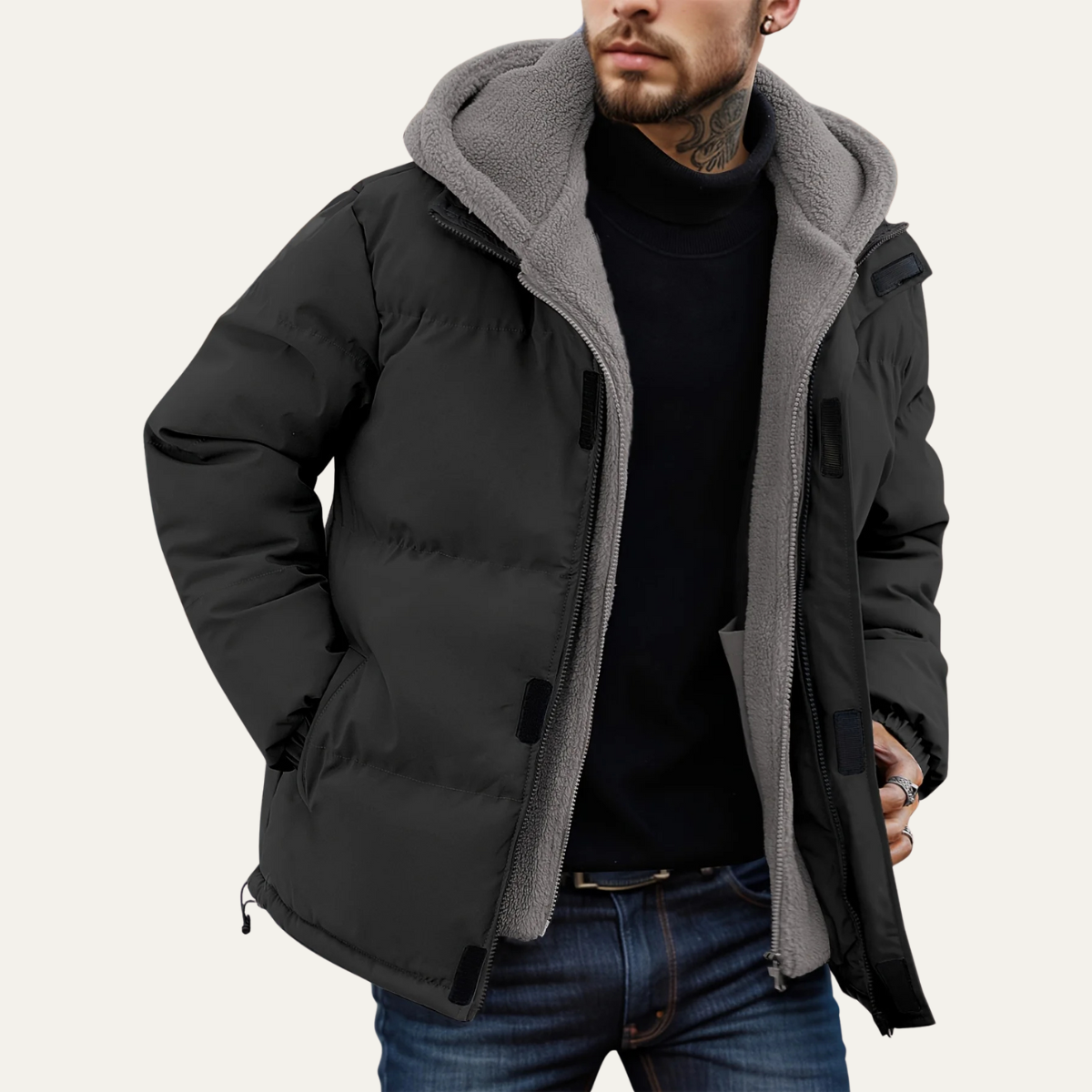 Warm Black Men's Puffer Jacket with Fleece Lining