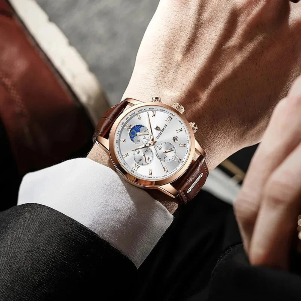 High Quality Men's Quartz Chrono Watch - Genuine Leather Strap