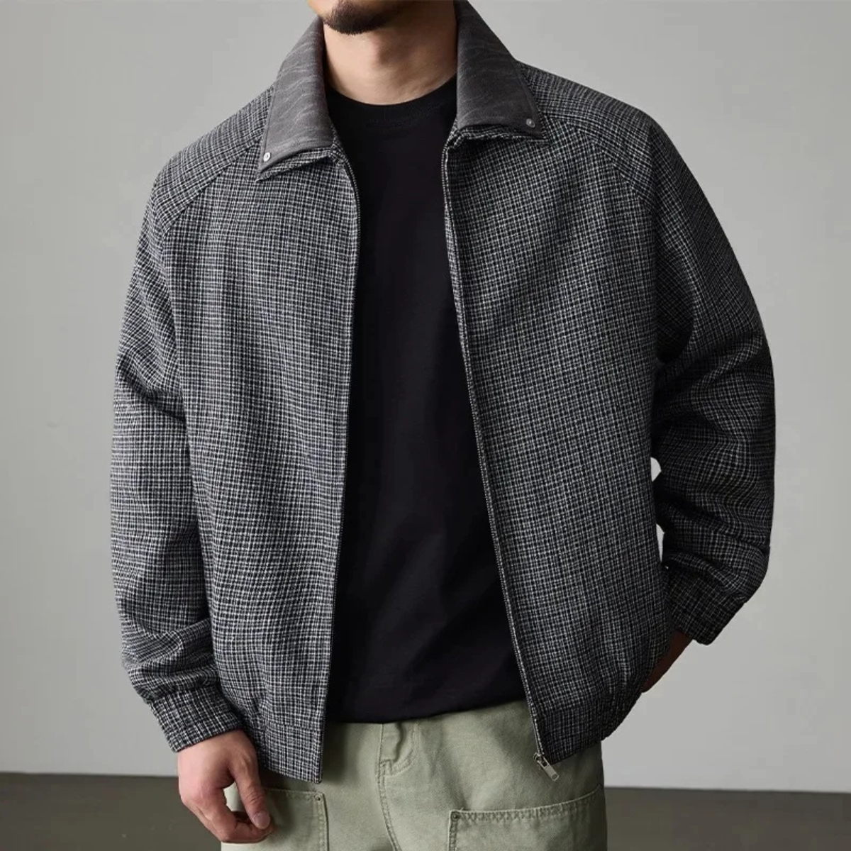 Relaxed Fit Plaid Zip Up Mens Jacket