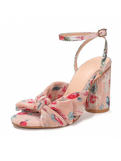 Women's Chunky Heel Pleated Bow Sandals