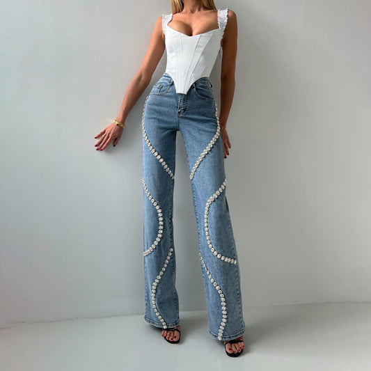 Women's Classic Rhinestone Blue Denim Straight Leg Jeans