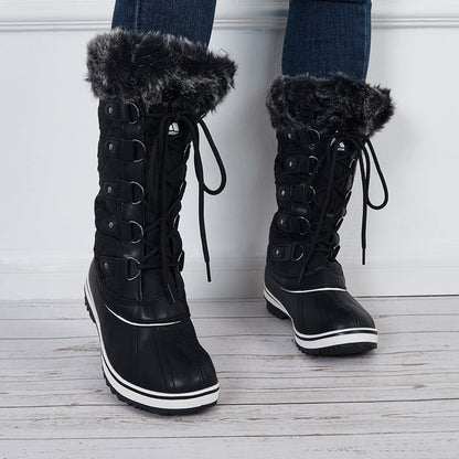 Warm Snow Boots Faux Fur Lined Lace up Mid Calf Winter Duck Boots