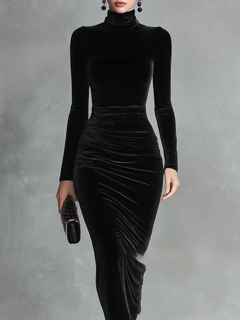 Elegant Black Bodycon Velvet Dress