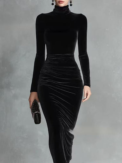 Elegant Black Bodycon Velvet Dress