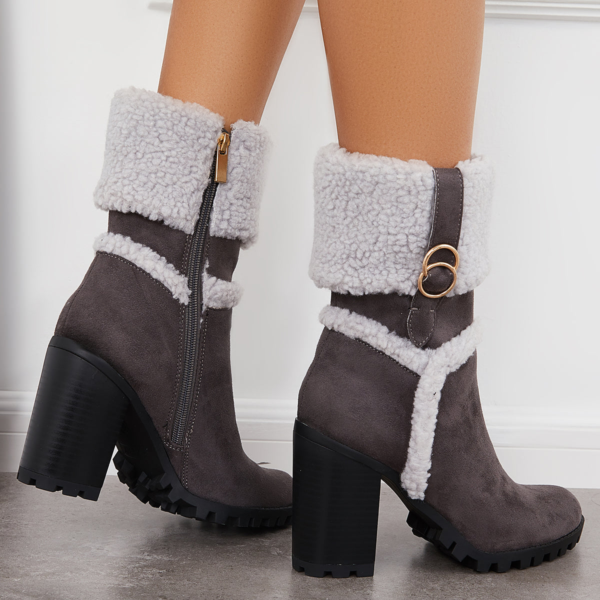 Fur Lined Ankle Snow Boots Side Zipper Chunky Heel Booties