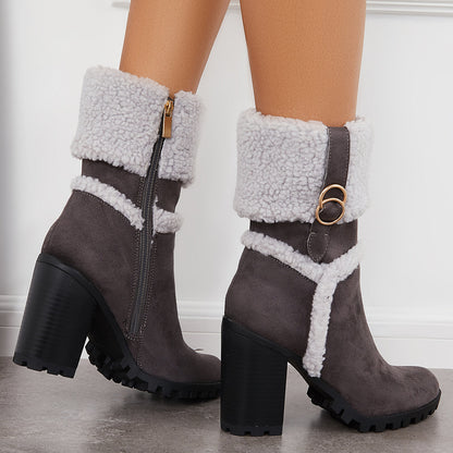 Fur Lined Ankle Snow Boots Side Zipper Chunky Heel Booties