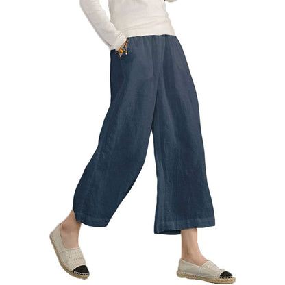 Women Loose Cotton Capris Cropped Wide Leg Pants