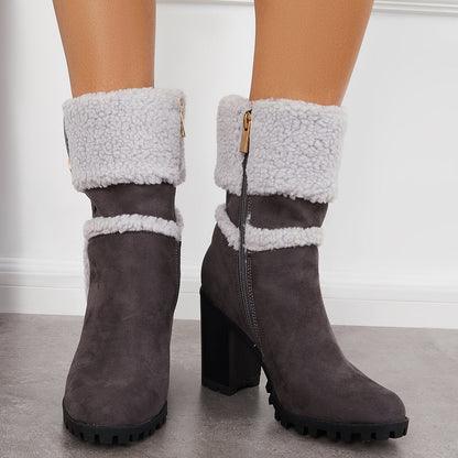 Fur Lined Ankle Snow Boots Side Zipper Chunky Heel Booties