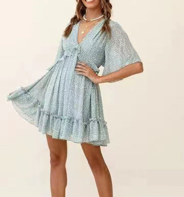 Women's Bohemian V-Neck Ruffle Mini Dress