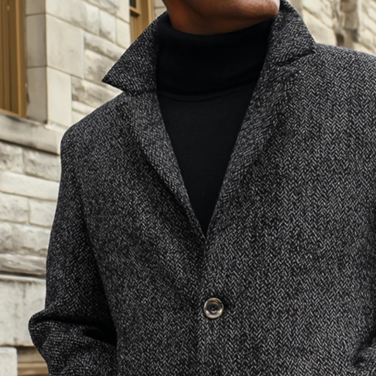 Classic Grey Herringbone Wool Mens Coat
