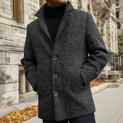Classic Grey Herringbone Wool Mens Coat