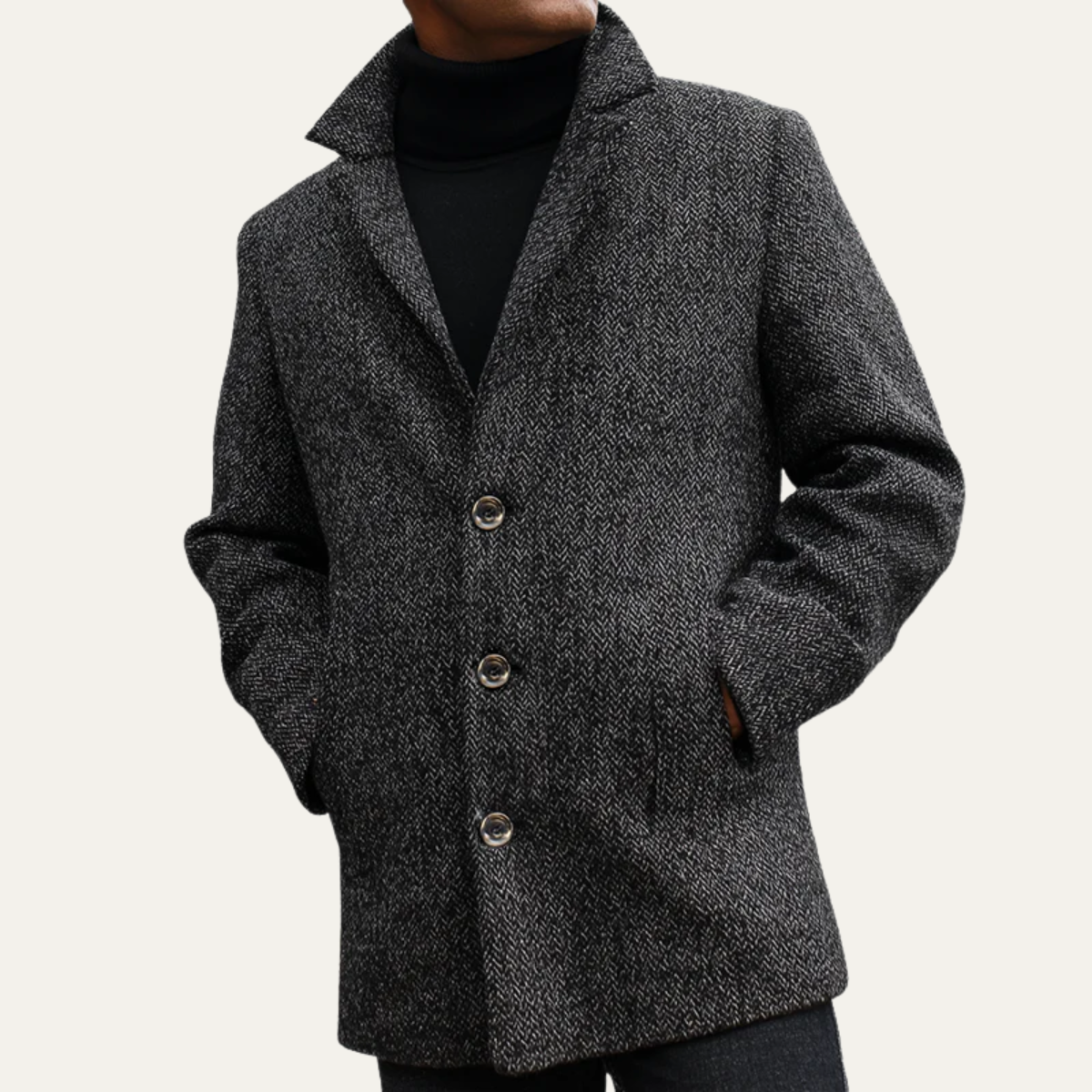 Classic Grey Herringbone Wool Mens Coat