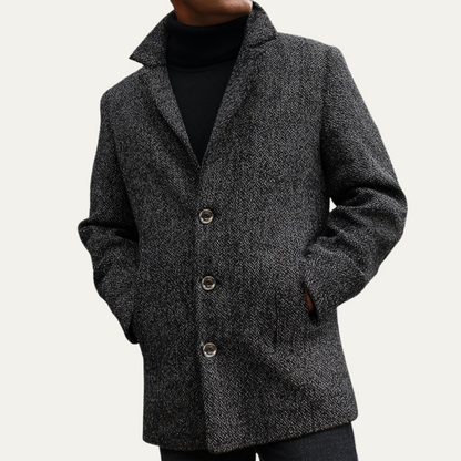 Classic Grey Herringbone Wool Mens Coat